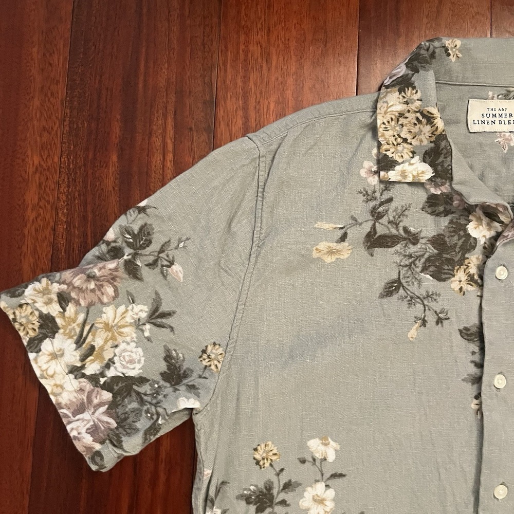 Abercrombie Fitch Shirt Mens Sage Small Summer Linen Blend Floral Camp Button Up - Picture 4 of 11